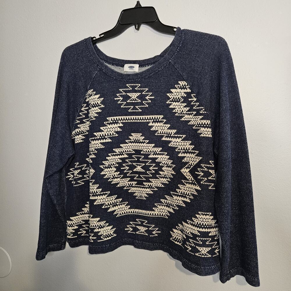 Old Navy Aztec Print Knit Pullover Top Blue Beige Size XL Cotton Blend Soft L/S
